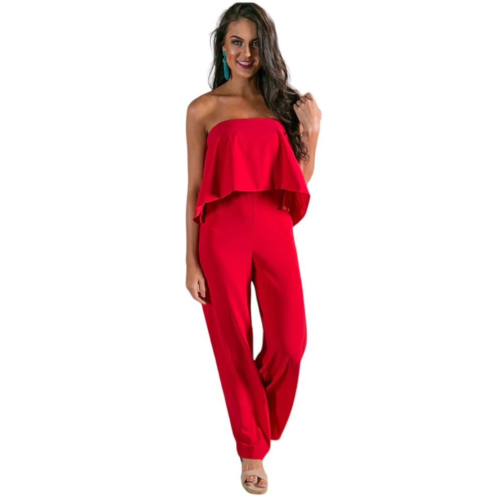 DO+BE Strapless Ruffle Top Jumpsuit in Red (CdlG)
